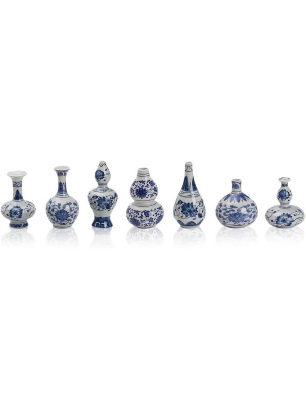 Chinoiserie Blue & White Porcelain Bud Vases Set - 7 Piece Home Decor Collection